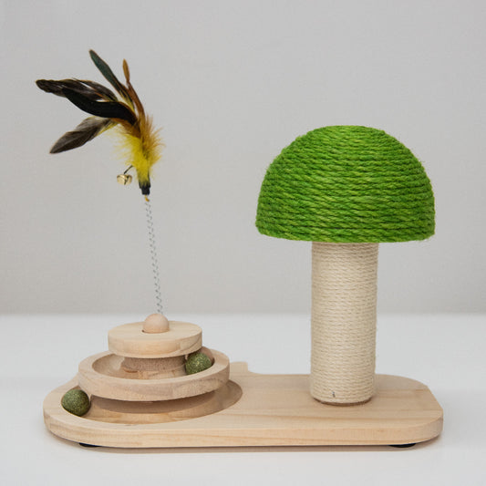 Krab & Speel Paddenstoel van hout met groene touwkap, speelcirkel en catnipbal