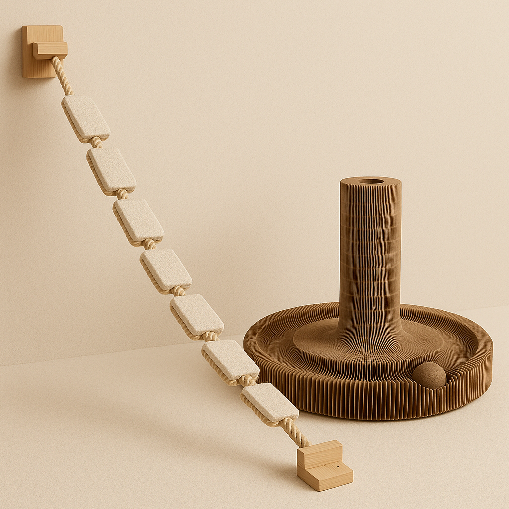 Interactief kattenspeelgoed in natuurlijke materialen met klim- en speelelementen