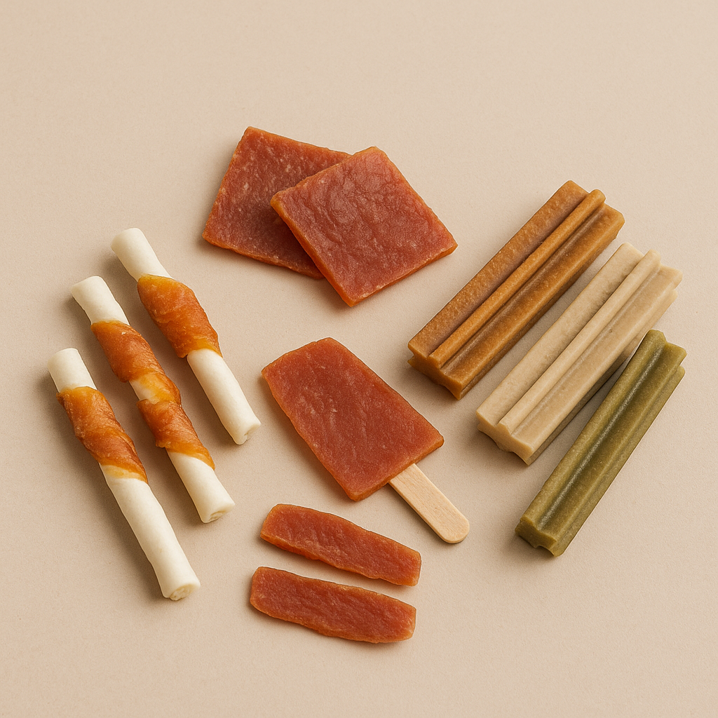 Natuurlijke hondensnacks in verschillende vormen voor belonen en kauwen