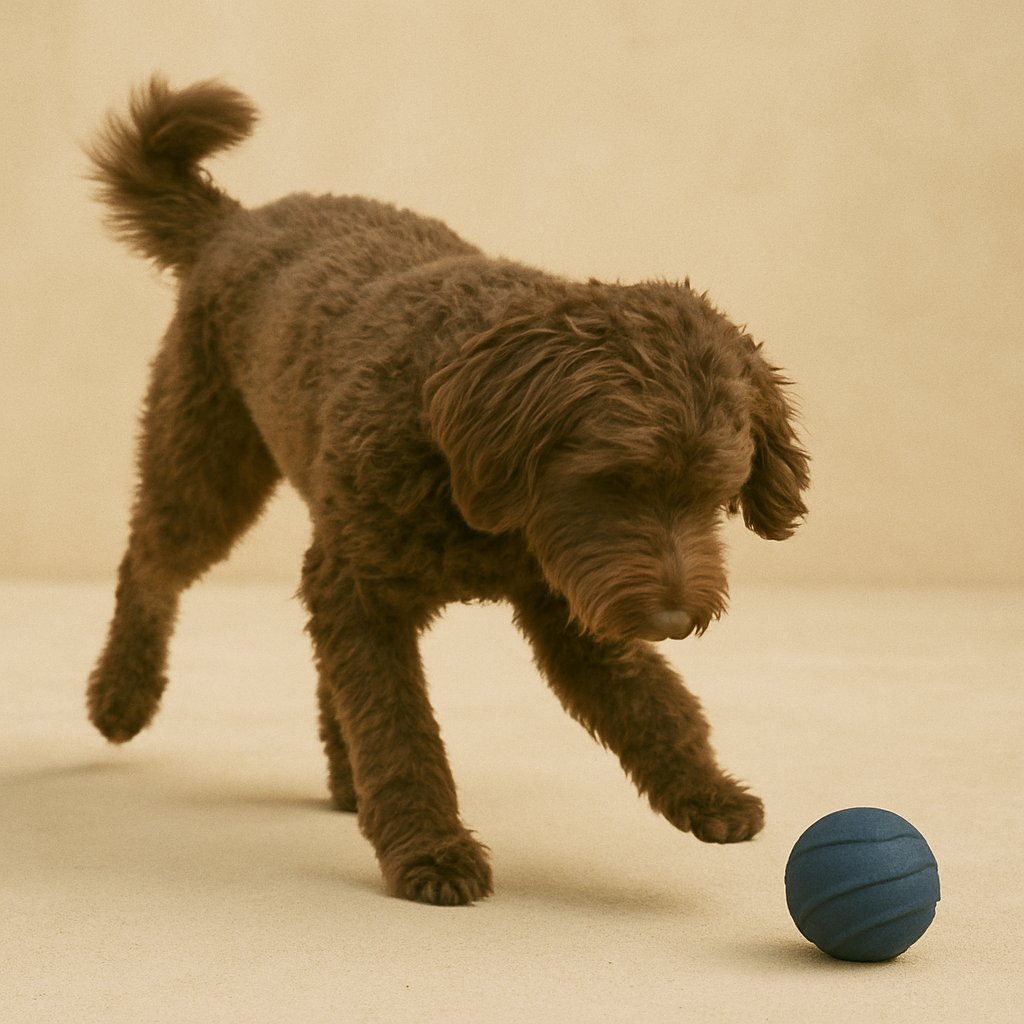 Hond speelt met bal van duurzaam materiaal in rustige omgeving