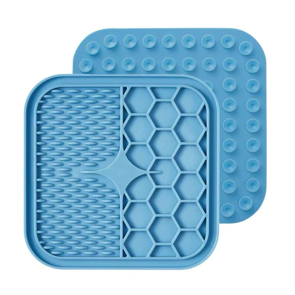 Blauwe silicone likmat voor honden en katten, voedselveilig en BPA-vrij, met zuignoppen en textuurvlakken