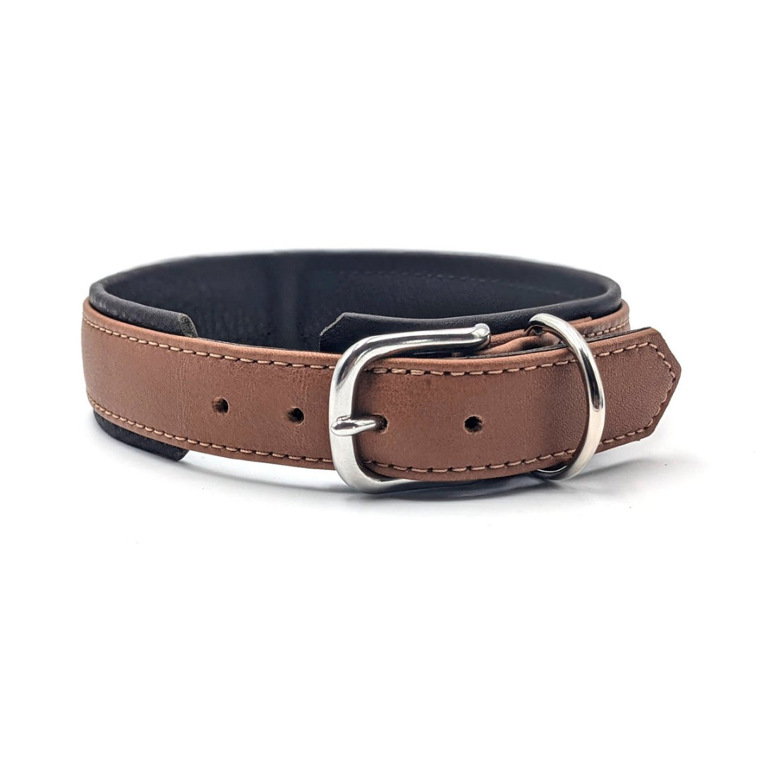 Cognackleurige leren hondenhalsband AMICI met dubbele D-ring