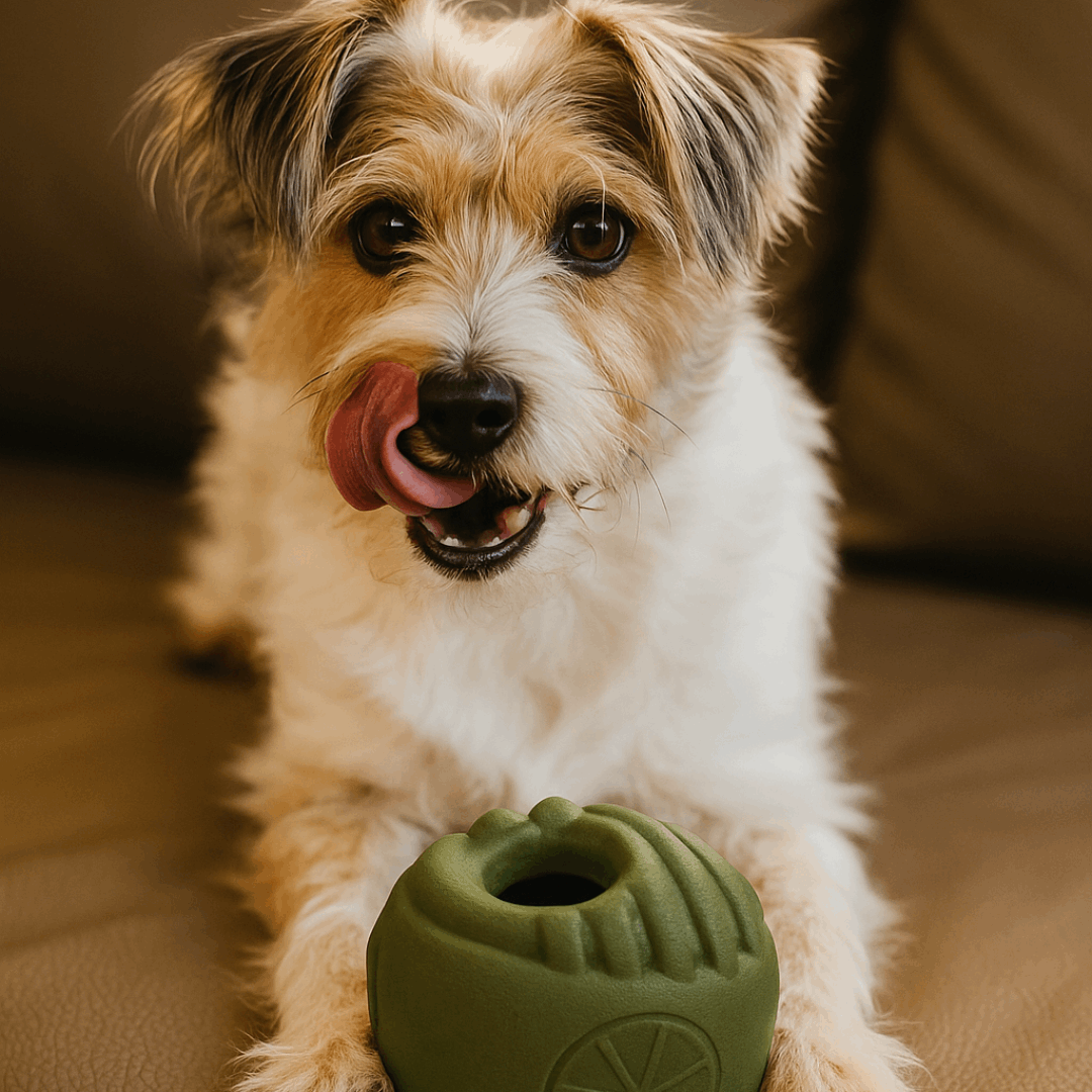 hond speelt met olijfgroene Snuffel & Snack Bal van natuurlijk rubber, gevuld met brokjes