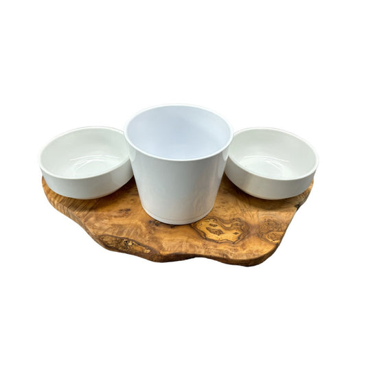 Katten voerstation RUSTY van olijfhout met porseleinen kommen en kattengraspot