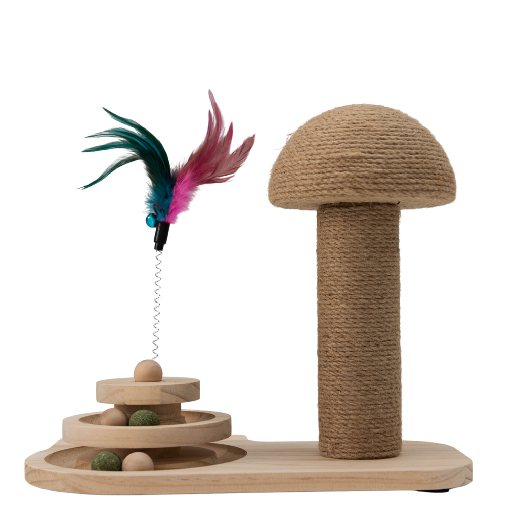 Houten krabpaal in paddenstoelvorm met sisal paal, veren speelgoed en speelballetjes voor katten