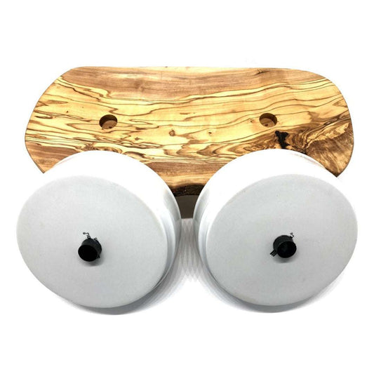 Verhoogd hondenvoerstation RUSTY PLUS met porseleinen kommen en massief olijfhout