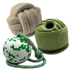bundel met bamboobal met touw, hennep bal en snackbal van natuurlijk rubber voor honden