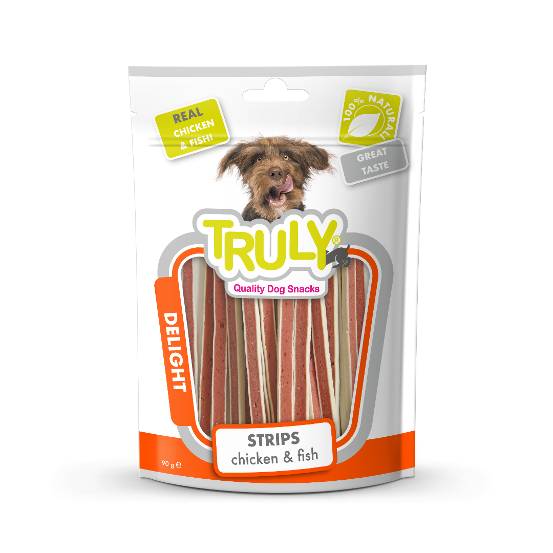 Hondensnack in reepjes van kip en vis voor beloning of training
